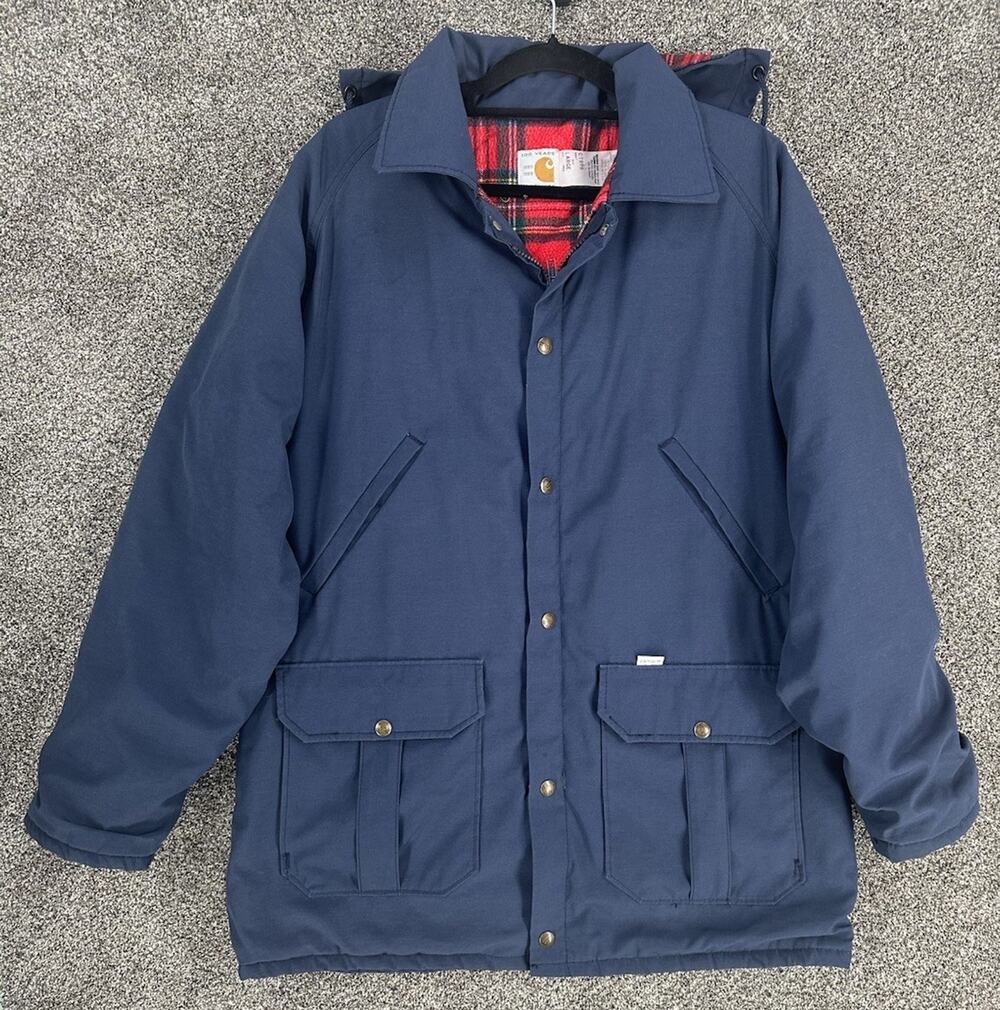 90s Carhartt Navy Blue Jacket CT998 SZ L Blanket Lined Parka RARE VTG 100 Years